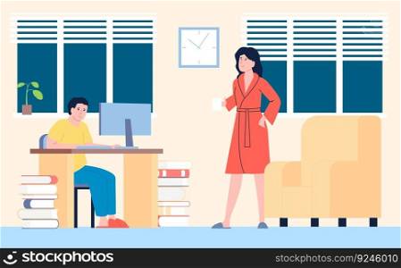 Student study at night. Mother and son, working evening at home husband and wife want to sleep. Education or freelance job vector concept of study illustration cartoon. Student study at night. Mother and son, working evening at home husband and wife want to sleep. Education or freelance job vector concept