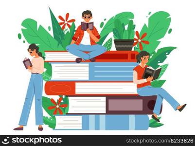 Student study books together. Teens studying, focus on knowledge concept. Girl boy learning with book. Flat cartoon readers in garden, vector education scene of study and education teen illustration. Student study books together. Teens studying, focus on knowledge concept. Girl boy learning with book. Flat cartoon readers in garden, snugly vector education scene