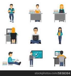 Student studying and reading books flat icons set isolated vector illustration. Student Flat Icons Set