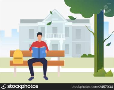 Student studying and reading textbook on bench in campus park. Information, knowledge, nature concept. Vector illustration can be used for topics like university, relaxation, education. Student studying and reading textbook on bench in campus park