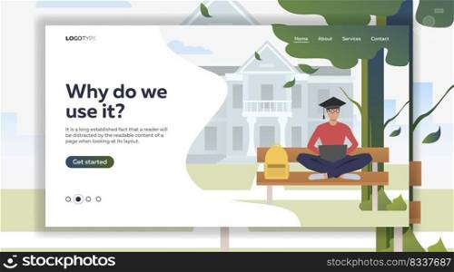 Student studying and using laptop on bench in c&us park. Information, university, nature concept. Vector illustration can be used for topics like knowledge, relaxation, education