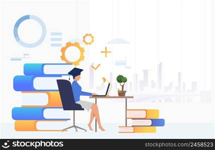 Student studying at desk. University, graduation, information concept. Vector illustration can be used for topics like literature, knowledge, education
