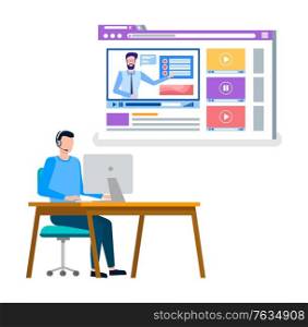 Student studying on internet, online courses and special tasks from teacher flat style. Tutor and pupil sitting by desk with computer at table. Vector illustration in flat cartoon style. Man Working in Office, Online Courses Study Internet