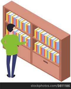 Student taking book at library vector icon bookcase. Male person study at school, college or university reading room. Man at bookstore standing near bookshelf with stacks of books isolated on white. Student taking book at library icon bookcase. Man at bookstore standing near bookshelf with books