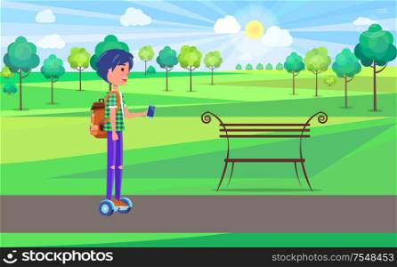 Student teen boy on gyroscooter in park riding hoverboard vector. Person human with vape in hands, wearing backpack. Male using modern technologies. Student Teen Boy on Gyroscooter in Park Vector