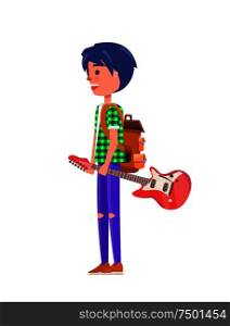Student teenager with music instrument isolated vector. Person boy with backpack and electric guitar in hands. Modern and stylish male of young age. Student Teenager with Music Instrument Vector