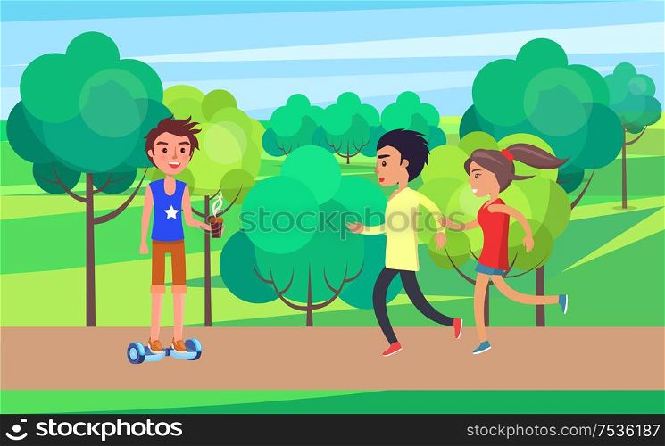 Student teenagers jogging and going for sport in park with trees. Male on hoverboard with coffee cup in hand. Boy with hot beverage and people vector. Student Teenagers Jogging Going for Sport Vector