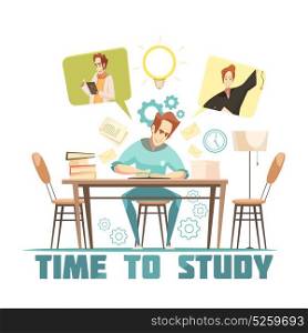 Student Thinking Above Book Design Concept. Student sitting at table, reading and thinking above book cartoon design concept on white background vector illustration