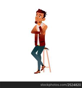 Student Thinking And Choosing Food In Cafe Vector. Young Hispanic Boy Thinking And Choose Dish From Cafeteria Menu. Character Teen Sitting On Restaurant Chair Flat Cartoon Illustration. Student Thinking And Choosing Food In Cafe Vector
