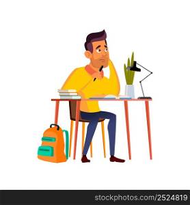 Student Thinking For Solve Problem At Table Vector. Young Man Sitting At Workspace And Thinking For Homework Solution. Character Learning And Preparing For Exams Flat Cartoon Illustration. Student Thinking For Solve Problem At Table Vector