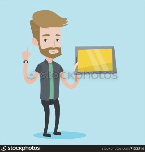 Student using a tablet computer. A hipster student with the beard holding tablet computer and pointing forefinger up. Concept of educational technology. Vector flat design illustration. Square layout.. Student using tablet computer vector illustration.