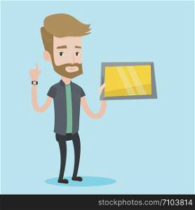 Student using a tablet computer. A hipster student with the beard holding tablet computer and pointing forefinger up. Concept of educational technology. Vector flat design illustration. Square layout.. Student using tablet computer vector illustration.