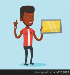 Student using a tablet computer. An african-american student holding tablet computer and pointing forefinger up. Concept of educational technology. Vector flat design illustration. Square layout.. Student using tablet computer vector illustration.