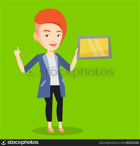 Student using a tablet computer for education. Caucasian student holding tablet computer and pointing forefinger up. Concept of educational technology. Vector flat design illustration. Square layout.. Student using tablet computer vector illustration.