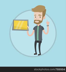 Student using a tablet computer. Hipster student holding tablet computer and pointing finger up. Concept of educational technology. Vector flat design illustration in the circle isolated on background. Student using tablet computer vector illustration.