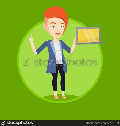 Student using a tablet for education. Student holding tablet computer and pointing finger up. Concept of educational technology. Vector flat design illustration in the circle isolated on background.. Student using tablet computer vector illustration.