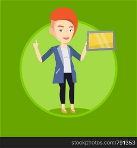 Student using a tablet for education. Student holding tablet computer and pointing finger up. Concept of educational technology. Vector flat design illustration in the circle isolated on background.. Student using tablet computer vector illustration.