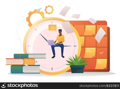 Student using laptop in library. Clock, stack of books, note board, papers. Time management concept. Vector illustration for topics like education, training, development