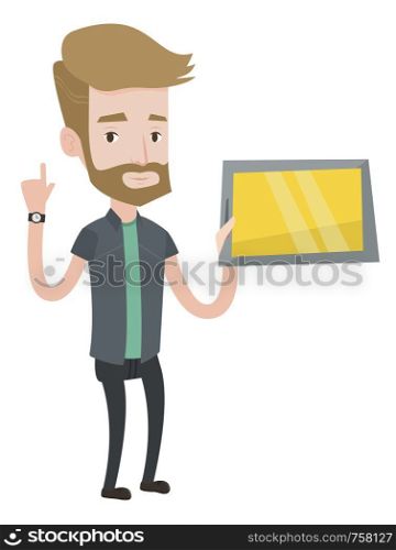 Student using tablet computer. Student holding tablet computer and pointing finger up. Student searching information on tablet computer. Vector flat design illustration isolated on white background.. Student using tablet computer vector illustration.
