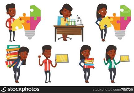 Student using tablet computer. Student holding tablet computer and pointing finger up. Student searching information on tablet. Set of vector flat design illustrations isolated on white background.. Vector set of student characters.
