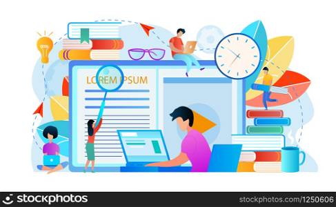 Student Watching Lesson at Laptop Via Internet. Domestic Studying. Learning People Around. Educational Attributes Infographics. Boy and Girl are Engaged in Online Education. Flat Vector Illustration.. Domestic Studying. Learning People, Student Stuff.