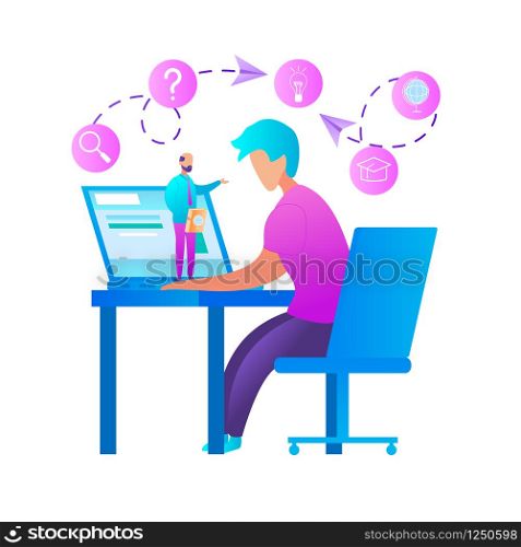 Student Watching Recorded Lecture. Teacher Talking from Laptop. Online Education, E-Learning, Podcast Courses. Class Recording Access. Blue, Pink Palette on White Background. Flat Vector Illustration. Student Watch Recorded Lecture. Online Education