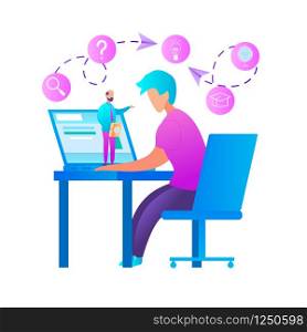 Student Watching Recorded Lecture. Teacher Talking from Laptop. Online Education, E-Learning, Podcast Courses. Class Recording Access. Blue, Pink Palette on White Background. Flat Vector Illustration. Student Watch Recorded Lecture. Online Education