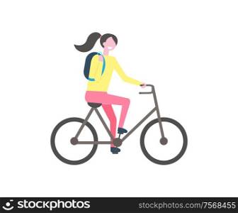 Student with backpack riding on bike, vector isolated cartoon character. Smiling college pupil on bicycle, woman with pony tail in flat style, person learner. Student with Backpack Riding Bike, Vector Isolated