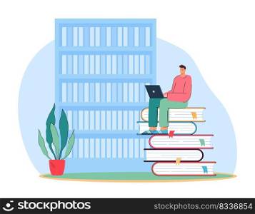 Student with laptop sitting on huge books in library. Male character studying on computer flat vector illustration. Online education, knowledge concept for banner, website design or landing web page