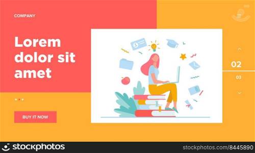 Student with laptop studying on online course. Woman sitting on stack of books and using computer. Vector illustration for internet school, knowledge, education concept