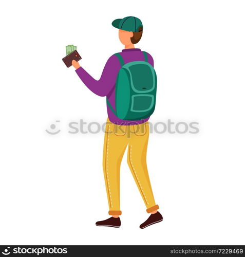 Student with money in wallet flat vector illustration. Young person earns his own salary. Man with cash to spend on travelling. Jobs options for youth isolated cartoon character on white background. Student with money in wallet flat vector illustration