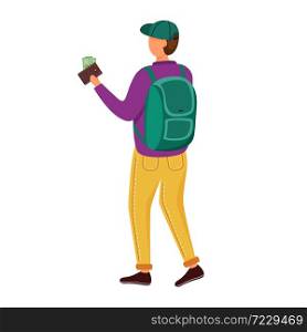 Student with money in wallet flat vector illustration. Young person earns his own salary. Man with cash to spend on travelling. Jobs options for youth isolated cartoon character on white background. Student with money in wallet flat vector illustration