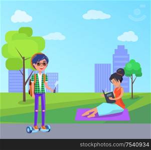 Student with vape and woman with book, reading it on blanket in park vector. City town with skyscrapers and tree. Male riding self balancing scooter. Student with Vape and Woman with Book Park Vector