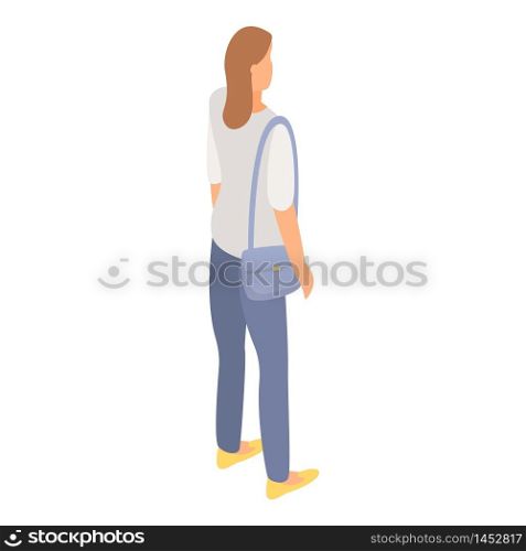 Student woman with bag icon. Isometric of student woman with bag vector icon for web design isolated on white background. Student woman with bag icon, isometric style