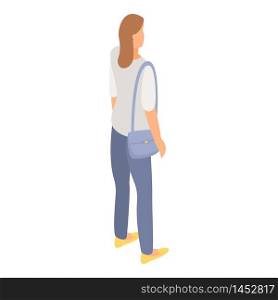 Student woman with bag icon. Isometric of student woman with bag vector icon for web design isolated on white background. Student woman with bag icon, isometric style