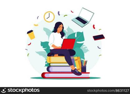 Student woman with laptop studying on online course. Online education concept. Vector illustration. Flat.