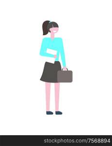 Student woman with textbook and briefcase vector isolated cartoon character. Smiling college or campus girl in blue jacket and black skirt, with bag, campus pupil. Student Woman with Textbook and Briefcase Vector