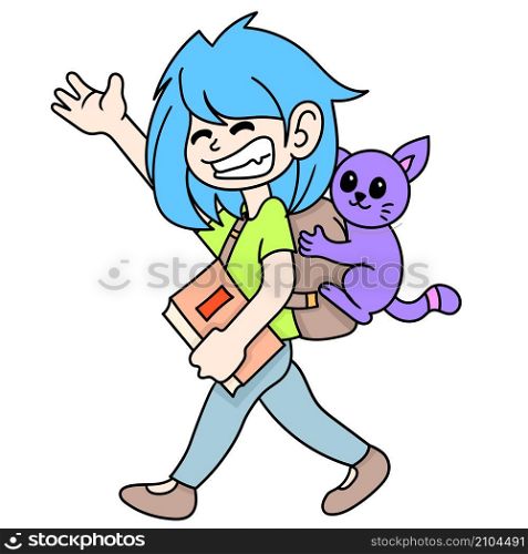 student young woman carrying books to school with her pet cat