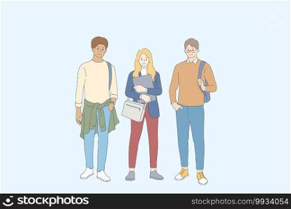 Students and friendship concept. Young smiling teen people students classmates cartoon characters standing with backpacks and books together after lessons outdoors vector illustration. Students and friendship concept