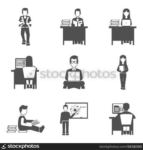 Students and learning process black icons set isolated vector illustration. Student Icons Set