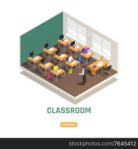 Students and lecturer in high school classroom isometric composition 3d vector illustration