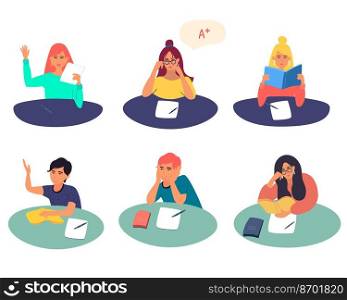 Students and schoolchildren sitting at a desk. Students prepare for exams, students pass the school test.. Vector cartoon illustration. Students and schoolchildren sitting at a desk.