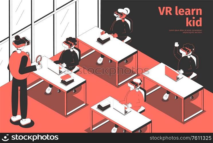 Students and teacher wearing virtual reality glasses studying in classroom 3d isometric vector illustration
