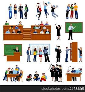 Students At The University. Students at the university in library in auditorium and after exam flat color icons set on white background isolated vector illustration