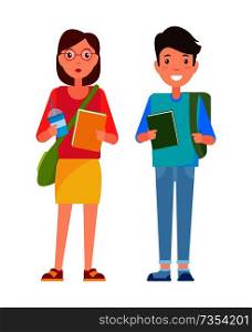 Students boy in green sweater and trousers, book in hands and girl with cup of coffee and handbag, teenager woman in glasses vector isolated on white. Students Boy Sweater and Trousers Book Girl Coffee