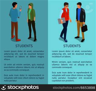 Students cartoon characters posters with man and woman back and front view with modern computer technologies vector illustrations with text on blue. Students Cartoon Characters Posters with Man Woman