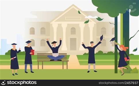 Students celebrating graduation in c&us park. Information, university, nature concept. Vector illustration can be used for topics like knowledge, relaxation, education. Students celebrating graduation in c&us park