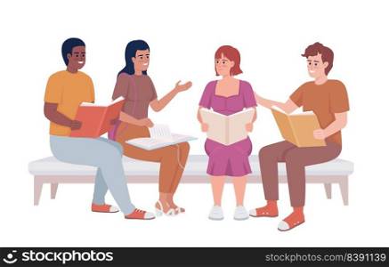 Students discussing books in group semi flat color vector characters. Literature club. Editable full body people on white. Simple cartoon style illustration for web graphic design and animation. Students discussing books in group semi flat color vector characters