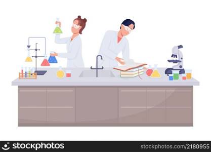 Students doing chemical experiment semi flat color vector characters. Posing figures. Full body people on white. Lab isolated modern cartoon style illustration for graphic design and animation. Students doing chemical experiment semi flat color vector characters