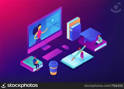 Students e-learning at huge computer with teacher online. E-learning industry, online digital education, e-certification exam concept. Ultraviolet neon vector isometric 3D illustration.. E-learning isometric 3D concept illustration.